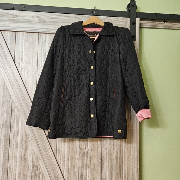 Coach Black Quilted Logo C Jacket Coat Button Front Pink Lining - Picture 2 of 12